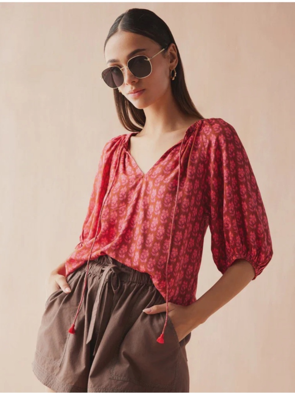 NWT Omika Sasha Punch Isla Blouse Modal Boho Tassel Peasant Top S